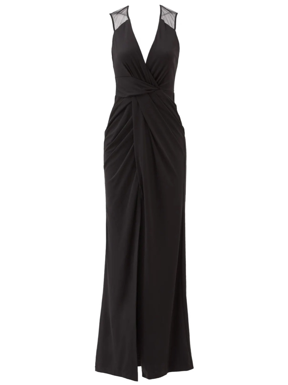 Parker Black Label Aaron Gown Mesh Panels Ruched Goddess Draped Maxi Black Dress